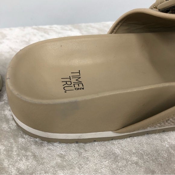 Time & Tru womens canvas size 9 beige & brown double strap slide on sandals - Picture 10 of 10